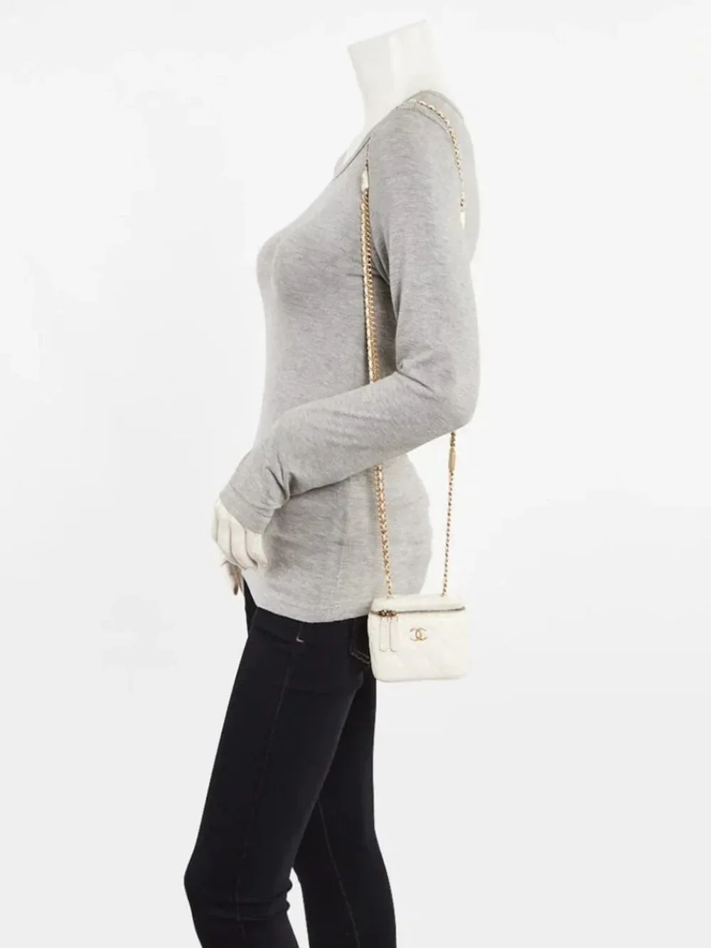 Chanel White Quilted Lambskin Mini Vanity Case With CC Chain Bag